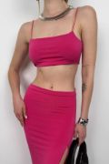 Askılı Crop Yırtmaçlı Etek Takım resmi